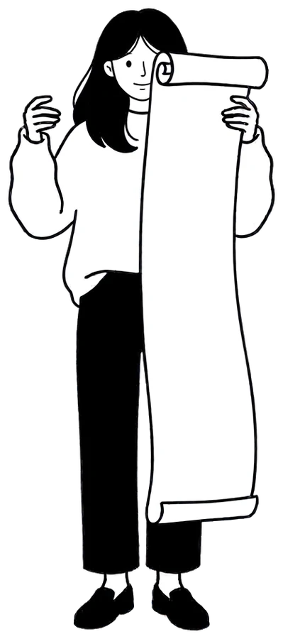 Cartoon of Alice unrolling a long scroll
