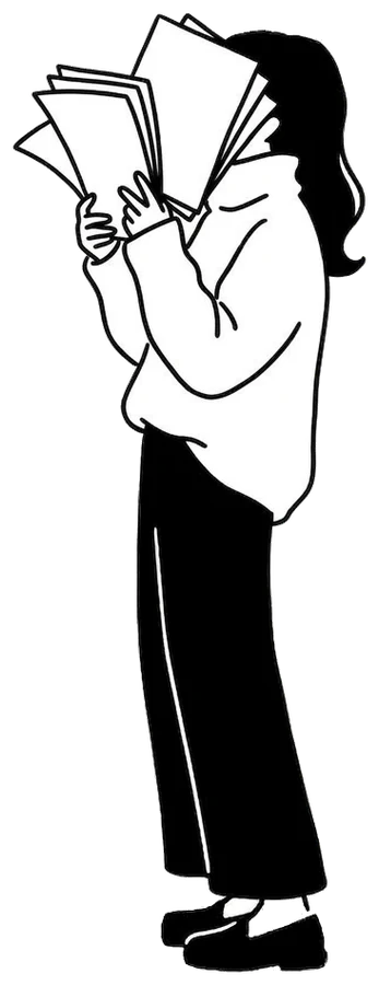 Cartoon of Alice reading a pile of papers