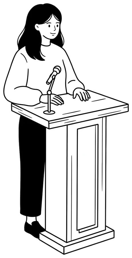 Cartoon of Alice giving a talk at a lectern